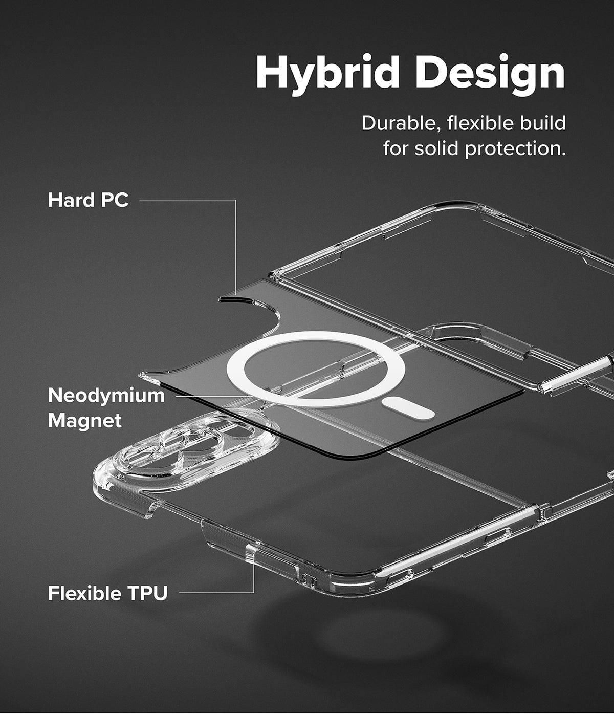 iPhone Duo | Fusion Magnetic - Transparent phone case with labeled parts and text reading 'Hybrid Design,' 'Hard PC,' 'Neodymium Magnet,' and 'Flexible TPU,' shown on a dark gray background.