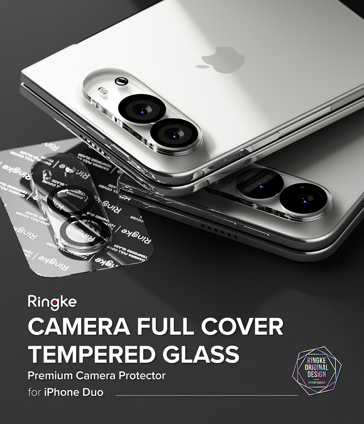 iPhone Duo | Camera Full Cover Tempered Glass (2P) - Ringke camera full cover tempered glass premium camera protector for iPhone Duo, shown applied to the camera area of stacked silver iPhones on a dark background with product text and a logo.