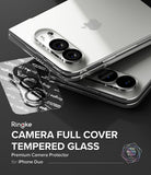 iPhone Duo | Camera Full Cover Tempered Glass (2P) - Ringke camera full cover tempered glass premium camera protector for iPhone Duo, shown applied to the camera area of stacked silver iPhones on a dark background with product text and a logo.