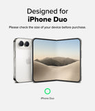iPhone Duo | Camera Full Cover Tempered Glass (2P) - A clear protective case shown on a silver iPhone, with the phone displayed alongside a folded smartphone screen showing a desert landscape wallpaper. Text at the top reads 'Designed for iPhone Duo' and 'Please check the size of your device before purchase.