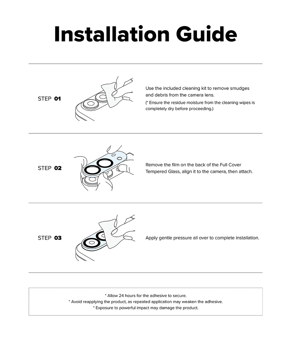iPhone Duo | Camera Full Cover Tempered Glass (2P) - An installation guide sheet with three illustrated steps and text instructions for mounting a camera lens protector or lens film, on a white background.