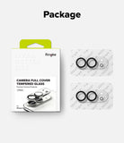 iPhone Duo | Camera Full Cover Tempered Glass (2P) - Ringke camera full cover tempered glass 2-pack shown in its retail packaging on a light gray background, with the word 'Package' above. The box is white with a bright green tab and black text, and the two glass protector sheets are visible on clear backing with black circular gaskets.