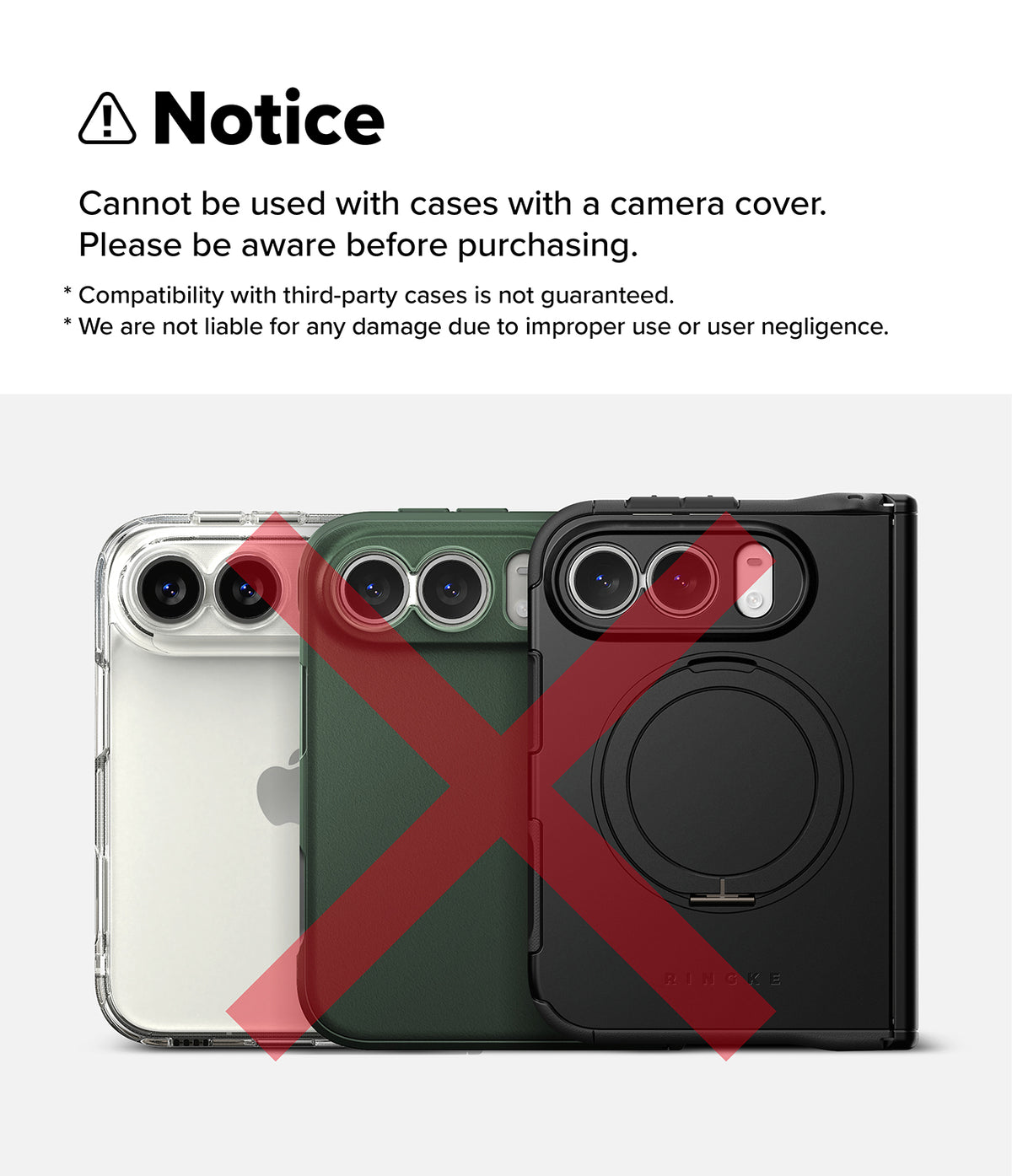 iPhone Duo | Camera Full Cover Tempered Glass (2P) - Three phone cases shown on the back of iPhones: a clear case, a dark green case, and a black case with a circular magnetic ring. A large red X overlays the center and right cases.