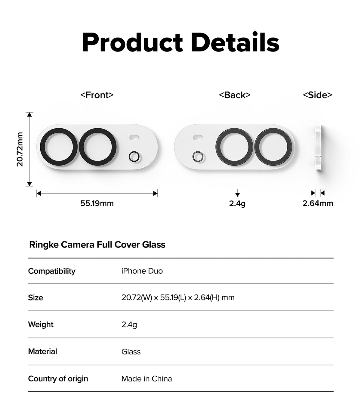 iPhone Duo | Camera Full Cover Tempered Glass (2P) - Product details diagram for a Ringke Camera Full Cover Glass replacement part, showing front, back, and side dimensions, weight (2.4g), and a specification table for iPhone Duo compatibility.