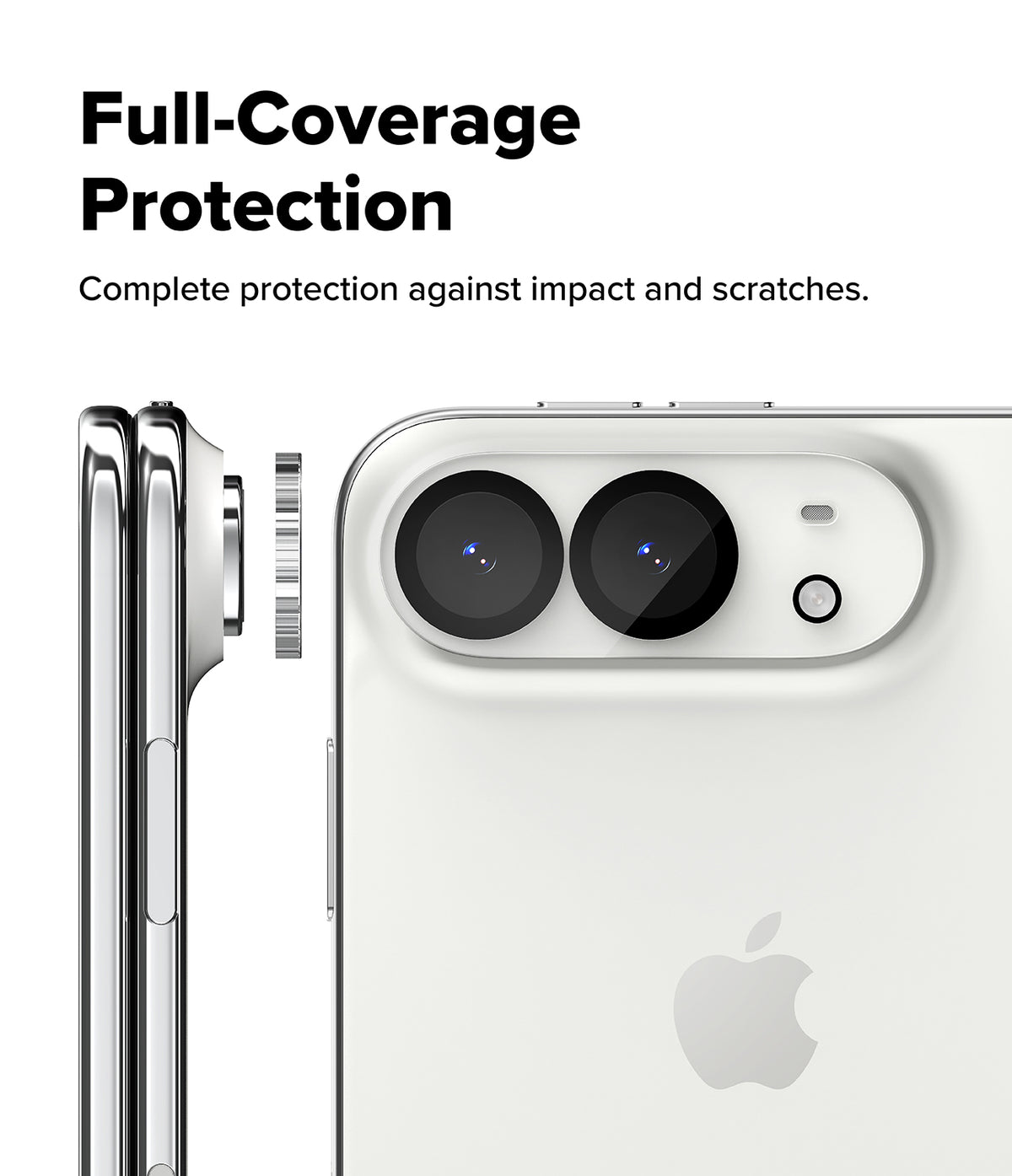 iPhone Duo | Camera Full Cover Tempered Glass (2P) - A white smartphone shown from the back with a close-up of the camera area and side edge, alongside a matching phone in profile. Text at the top reads 'Full-Coverage Protection' with smaller copy about protection against impact and scratches.