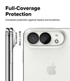 iPhone Duo | Camera Full Cover Tempered Glass (2P) - A white smartphone shown from the back with a close-up of the camera area and side edge, alongside a matching phone in profile. Text at the top reads 'Full-Coverage Protection' with smaller copy about protection against impact and scratches.