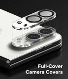 iPhone Duo | Camera Full Cover Tempered Glass (2P) - Two clear full-cover camera lens protectors shown floating above a smartphone, with the text 'Full-Cover Camera Covers' on a dark background.