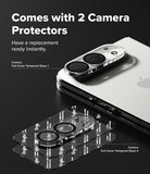 iPhone Duo | Camera Full Cover Tempered Glass (2P) - Two clear camera lens protectors displayed on top of a smartphone camera module, with the text 'Comes with 2 Camera Protectors' on a dark background.