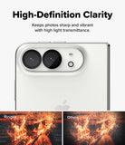 iPhone Duo | Camera Full Cover Tempered Glass (2P) - A close-up of a white smartphone showing the rear camera area and a faint Apple logo, with marketing text above reading 'High-Definition Clarity' and two small comparison thumbnails below.