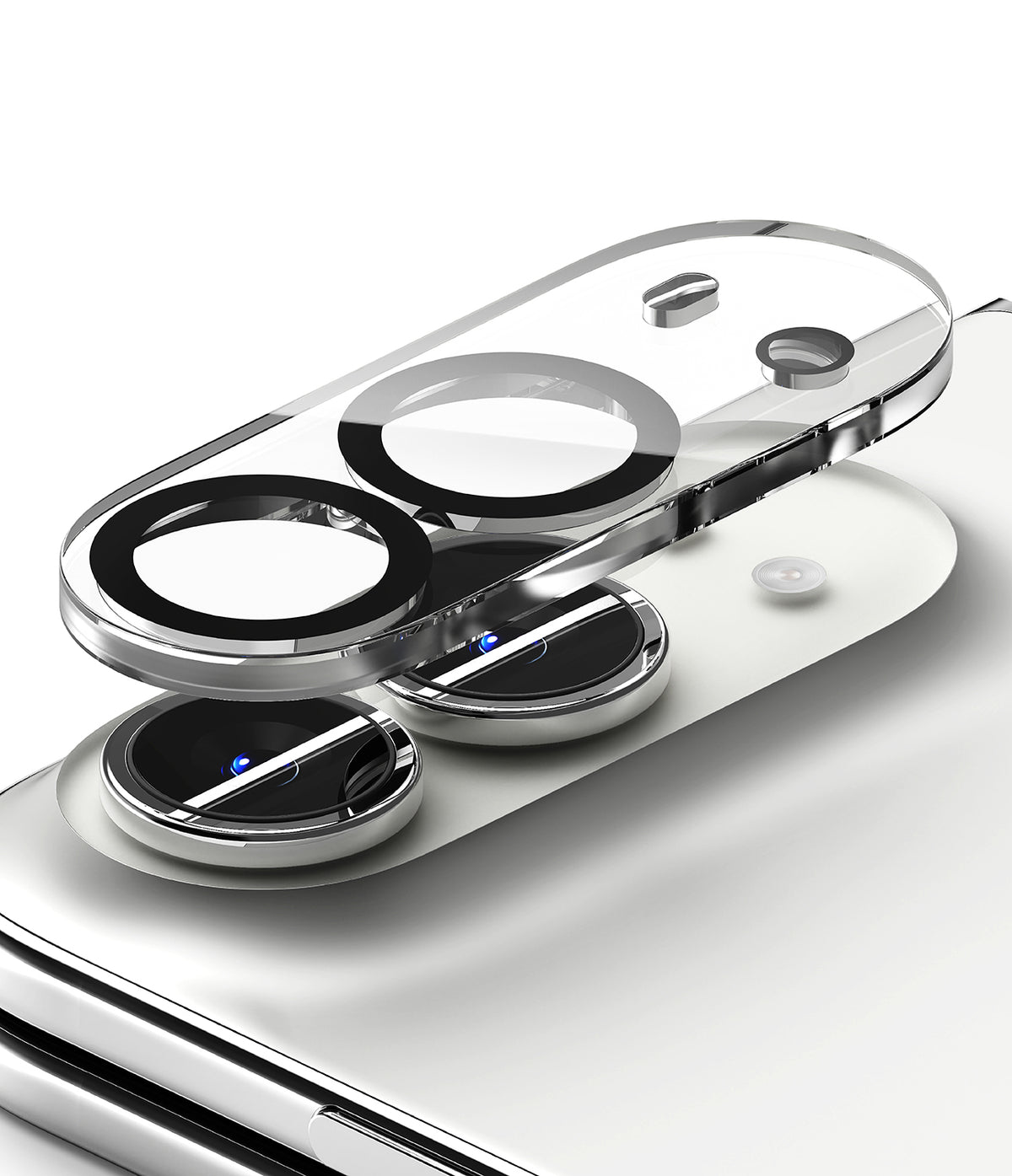 iPhone Duo | Camera Full Cover Tempered Glass (2P) - A transparent camera lens protector and lens guard set shown in an exploded view over a smartphone camera module, on a clean white background.