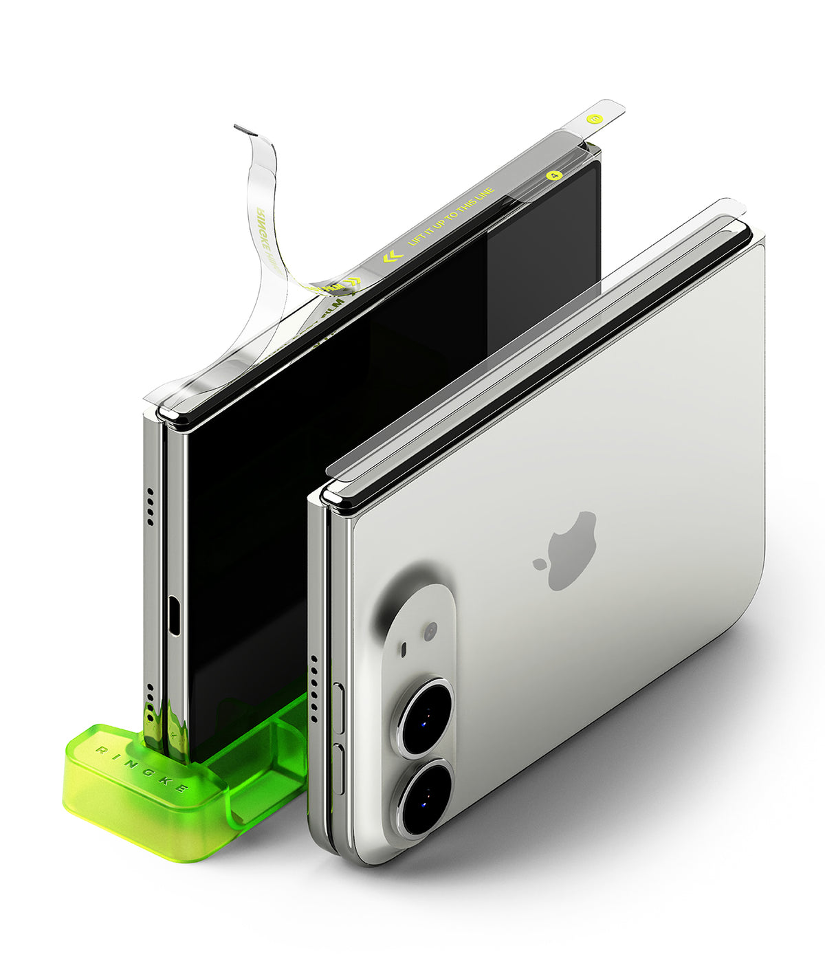 iPhone Duo | Hinge Dual Easy Film (2P) - A silver Apple iPhone shown from the back, partially inserted into a bright green stand, with a transparent protective film being peeled off the screen. The Apple logo is visible on the device.