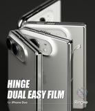 iPhone Duo | Hinge Dual Easy Film (2P) - Three silver smartphones shown closed with the back and hinge side visible, arranged in a clean studio composition on a dark background. Large text reads 'HINGE DUAL EASY FILM for iPhone Duo,' and the Ringke logo appears in the lower right.