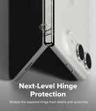 iPhone Duo | Fusion + Hinge (2P) all-groups - Close-up of a foldable smartphone hinge area with a transparent protective cover applied, shown against a white and gray background with the text 'Next-Level Hinge Protection' and 'Shields the exposed hinge from debris and scratches.'.