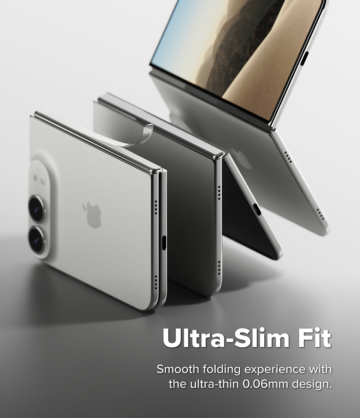 iPhone Duo | Hinge Dual Easy Film (2P) - Three views of a slim foldable smartphone shown on a clean light gray studio background, with text reading 'Ultra-Slim Fit' and smaller copy below. No person, animal, or real environment is present, so this is Product/Packaging rather than Lifestyle.