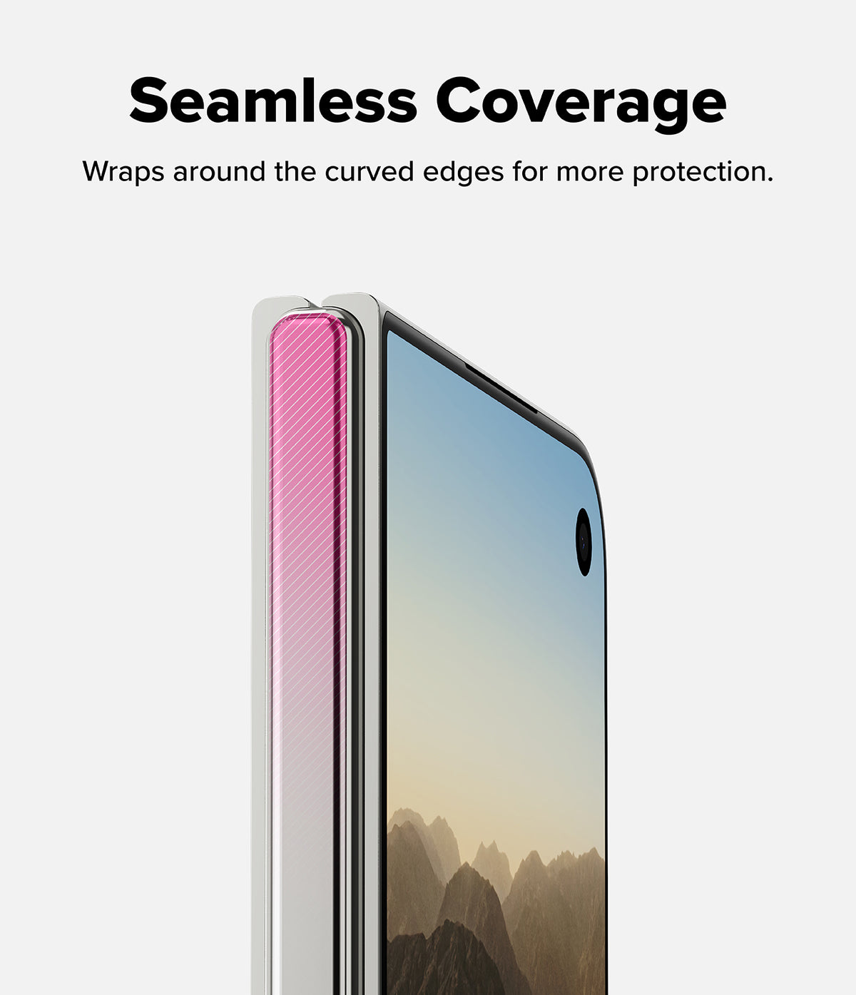 iPhone Duo | Hinge Dual Easy Film (2P) - A close-up of a smartphone showing the side edge of a clear protective bumper with a pink textured grip strip, under the text 'Seamless Coverage' on a light gray background.