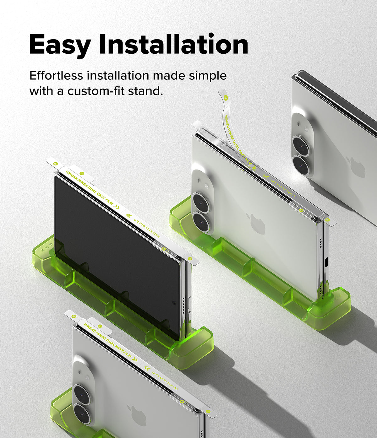iPhone Duo | Fusion + Hinge (2P) all-groups - Three smartphones shown from different angles resting on translucent bright green custom-fit phone stands, with marketing text at the top reading 'Easy Installation' and 'Effortless installation made simple with a custom-fit stand.'.