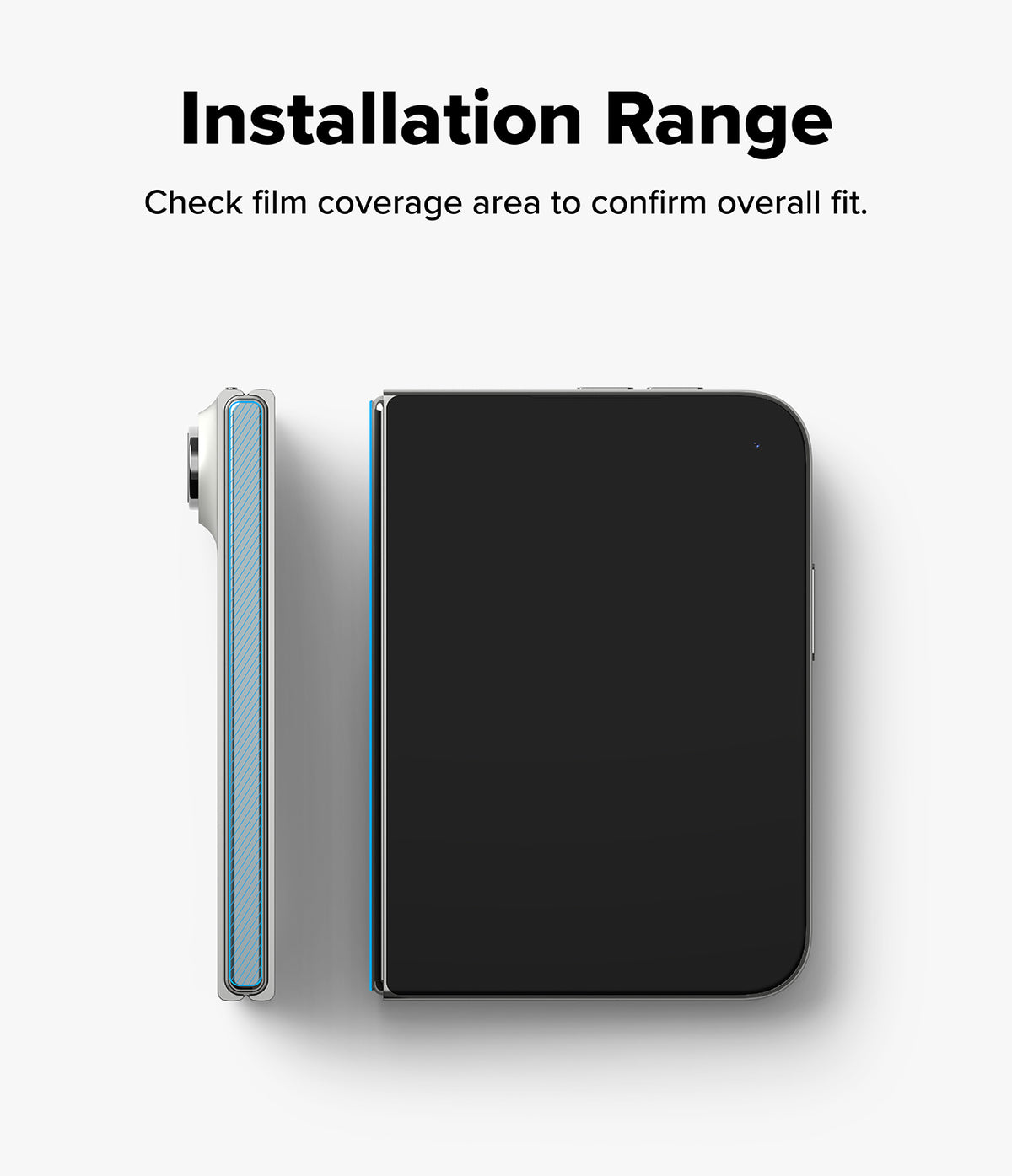 iPhone Duo | Hinge Dual Easy Film (2P) - A smartphone shown from the back and side on a light gray background, with the text 'Installation Range' and 'Check film coverage area to confirm overall fit.' above it.
