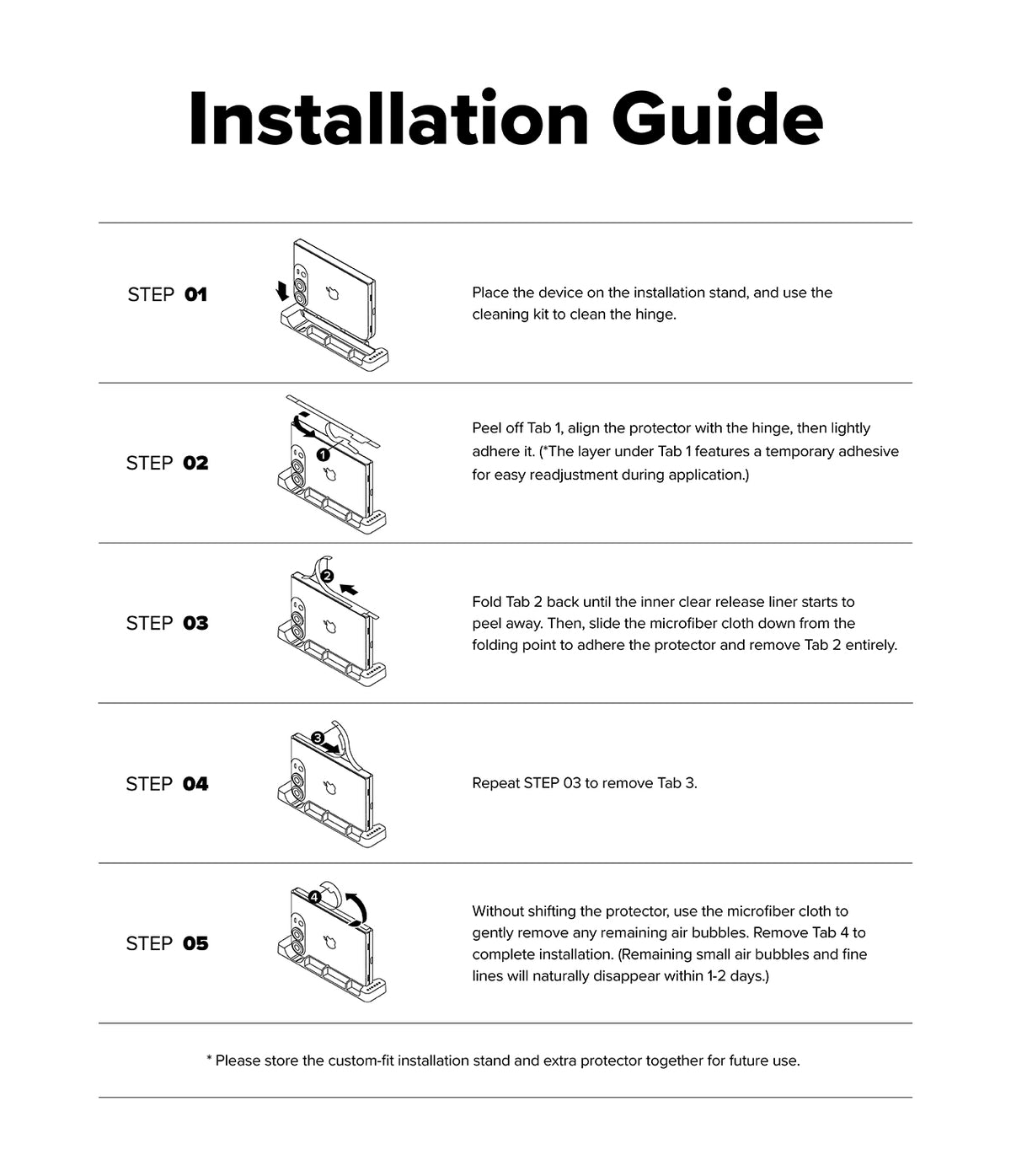 iPhone Duo | Hinge Dual Easy Film (2P) - An installation guide sheet with five numbered steps showing diagrams of how to apply a cleaning kit to a device, with text instructions on a white background.