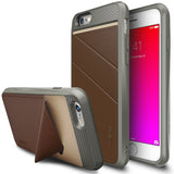 iPhone 6s / 6 Case | Edge - Brown leather-textured phone case with a built-in kickstand and gray protective frame.