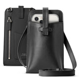 Mini Cross Bag | PU Leather - Black leather crossbody phone pouch with a strap, featuring a front pocket and a zippered back.