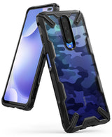 Redmi K30 Case | Fusion-X - Redmi K30 in a black, rugged Fusion-X case with a blue camouflage back pattern.