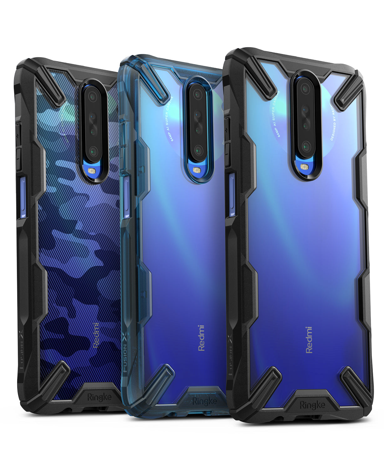 Redmi K30 Case | Fusion-X - Three Redmi K30 phones in rugged, transparent Fusion-X cases with black bumpers and blue accents.