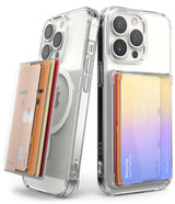 Card Holder | Magnetic Side Slot - Two clear phone cases with magnetic card holders attached, showing side-loading card slots.
