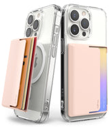 Card Holder | Magnetic Side Slot - Two clear phone cases with pink magnetic card holders, one showing cards fanned out from the side.