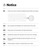 MacBook Neo | Keyskin - A printed notice sheet with a warning icon and the heading 'Notice,' listing six bullet points about confirming device model and keyboard layout, compatibility with MacBook Pro models with a Touch Bar, avoiding sharp objects and heat, handling precautions, liability disclaimer, and subject to change without prior notice. A simple keyboard illustration appears in the second bullet.