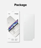 MacBook Neo | Keyskin - A package and a clear screen protector shown on a light gray background under the heading 'Package'. The package is white with an illustration of a laptop and the brands 'Ringbe' and 'KEYSKIN' visible.