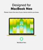 MacBook Neo | Magnetic AG Privacy Film - A size guide graphic for a MacBook Neo laptop, showing a stylized laptop with a colorful green and yellow gradient screen on a light gray background. Text reads 'Designed for MacBook Neo' and 'Please check the size of your device before purchase.