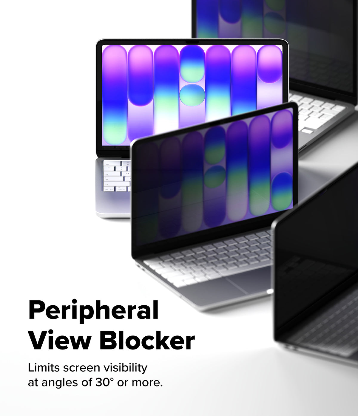 MacBook Neo Case + Protector all-groups - Promotional graphic for a peripheral view blocker, showing several silver laptops arranged on a white background with colorful screen content. Large text reads 'Peripheral View Blocker' with smaller text below stating it limits screen visibility at angles of 30° or more.