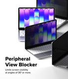 MacBook Neo Case + Protector all-groups - Promotional graphic for a peripheral view blocker, showing several silver laptops arranged on a white background with colorful screen content. Large text reads 'Peripheral View Blocker' with smaller text below stating it limits screen visibility at angles of 30° or more.