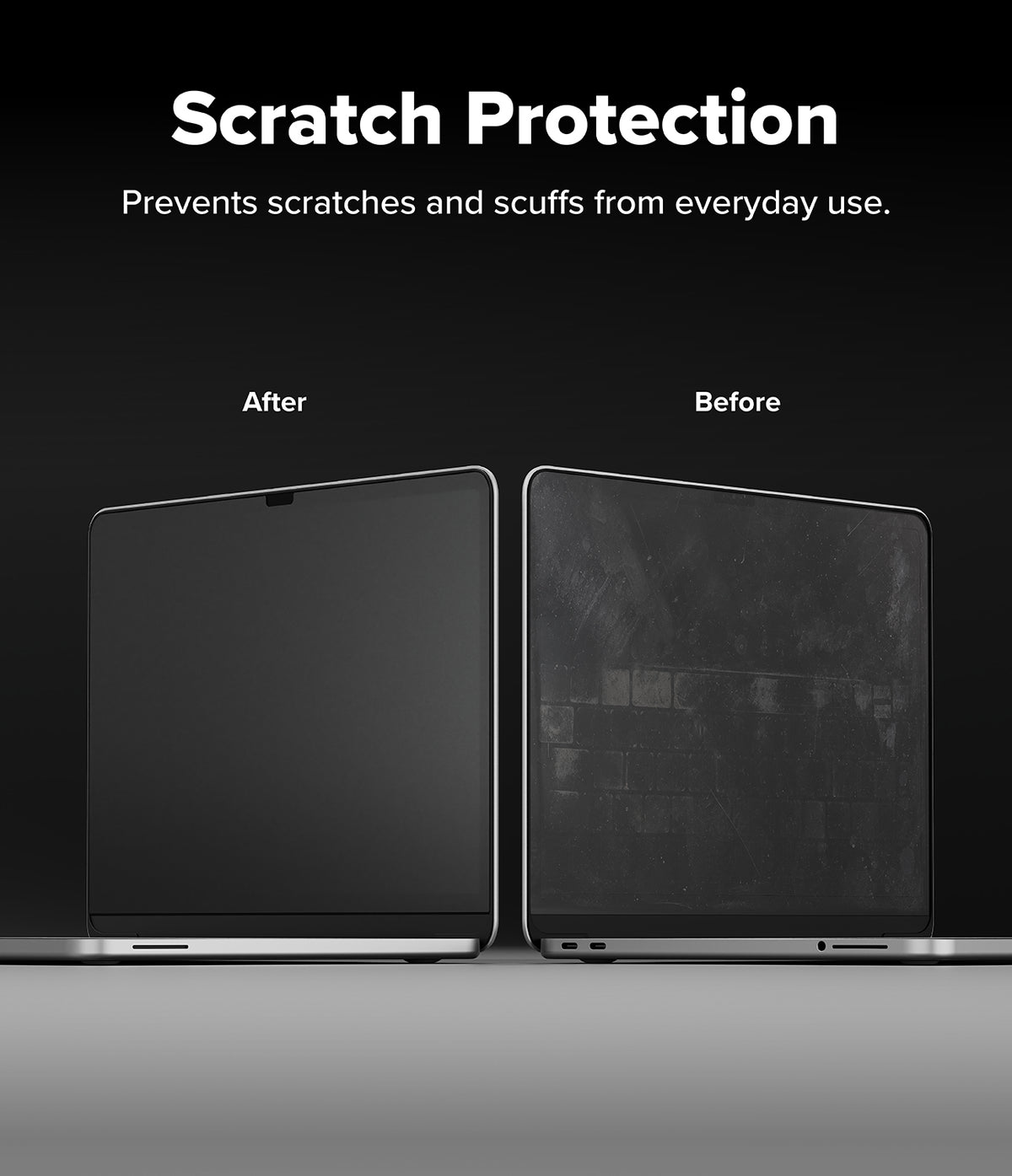 MacBook Neo | Magnetic AG Privacy Film - A promotional comparison graphic showing a laptop screen labeled 'After' on the left and 'Before' on the right, with the headline 'Scratch Protection' and subtext 'Prevents scratches and scuffs from everyday use.' on a dark background.