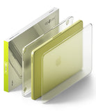 MacBook Neo | Slim - A clear protective case and matching clear screen protector shown partially slid off a pale yellow-green tablet, with the product packaging box visible behind it on a white background.