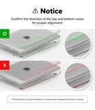 MacBook Neo | Slim - Instruction graphic showing how to install or remove clear protective cases on a silver tablet, with a notice section, directional arrows, and circular close-up insets indicating correct green alignment versus incorrect red alignment.