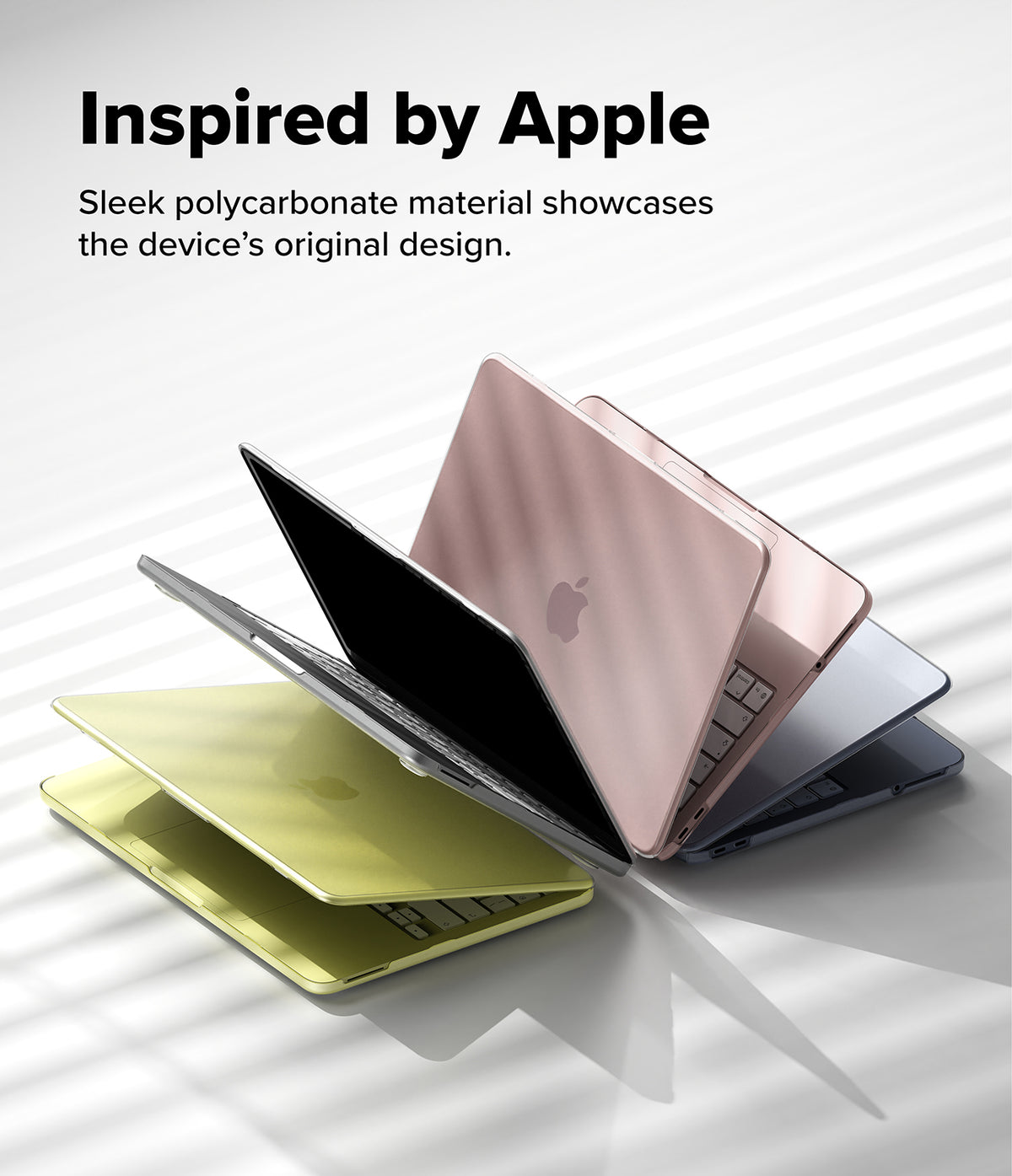 MacBook Neo | Slim - Three slim aluminum laptop skins or covers in yellow-green, rose gold, and dark gray are shown partially open in a fan arrangement on a white background with soft diagonal shadows. Text at the top reads 'Inspired by Apple' and 'Sleek polycarbonate material showcases the device's original design.