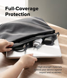 MacBook Neo | Slim - A black laptop sleeve with a built-in laptop protector pocket is shown on a wooden table, with hands demonstrating how to slide a laptop underneath the sleeve for full coverage. The text reads 'Full-Coverage Protection' and 'High-strength materials defend your device against impact and scratches.