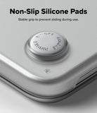 MacBook Neo Case + Protector all-groups - Close-up of a silver metallic device corner with a circular non-slip silicone pad, with text reading 'Non-Slip Silicone Pads' and 'Stable grip to prevent sliding during use.'.