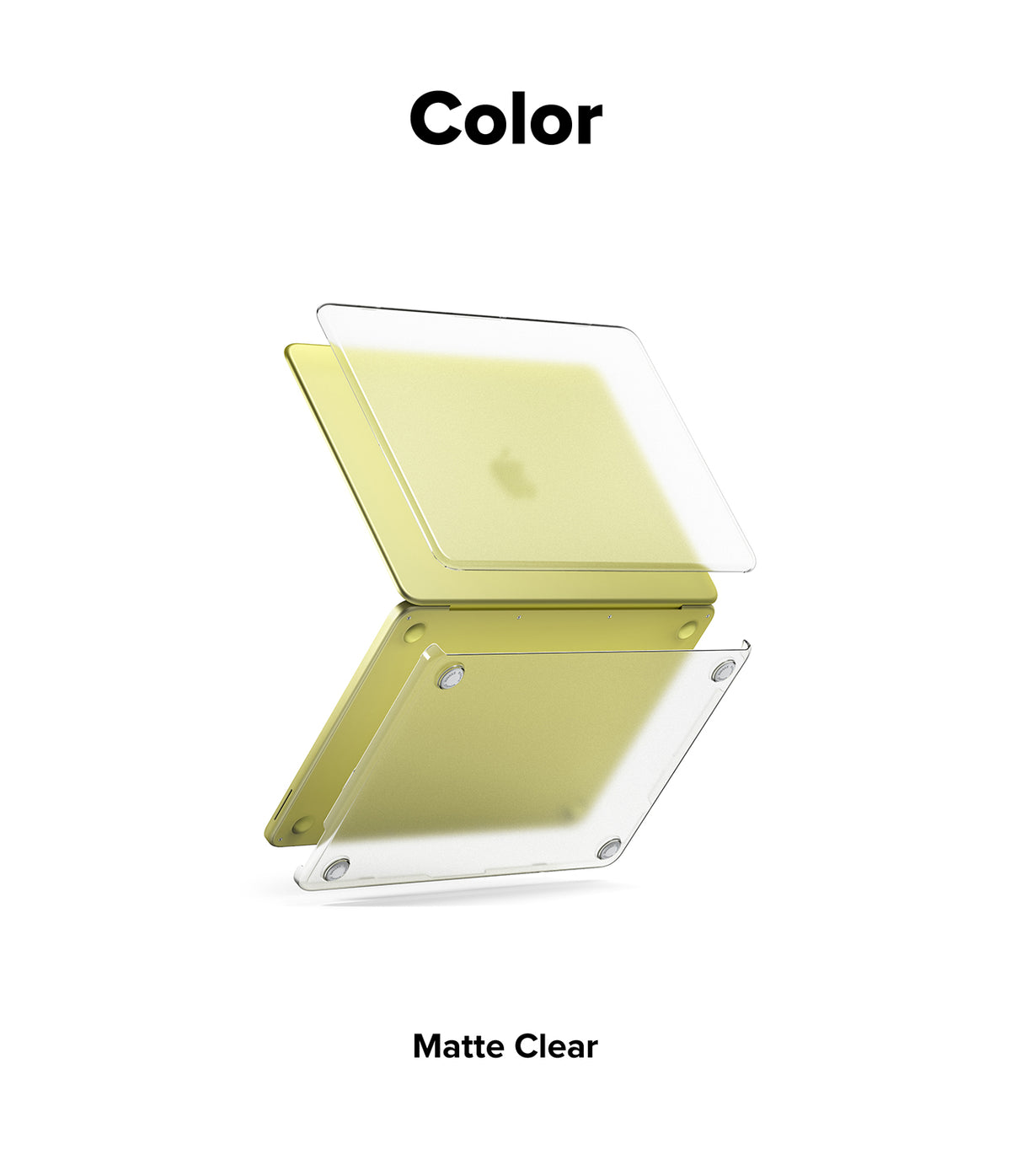 MacBook Neo | Slim - Matte clear protective cover for a laptop, shown on a closed Apple MacBook with a pale yellow interior visible through the transparent case. The image is labeled 'Color' at the top and 'Matte Clear' at the bottom on a white background.