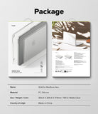 MacBook Neo | Slim - Product packaging presentation for a slim protective case for MacBook Neo, showing the front and back of the box on a light gray background with a specification table below. The packaging is white with black text and a thin yellow-green accent line.