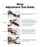 Galaxy Watch 9 / 8 | Metal One Air - A four-step instruction diagram titled 'Strap Adjustment Tool Guide' showing hands using a silver metal watch strap adjustment tool on a white watch strap, with step-by-step text instructions and red arrow annotations.