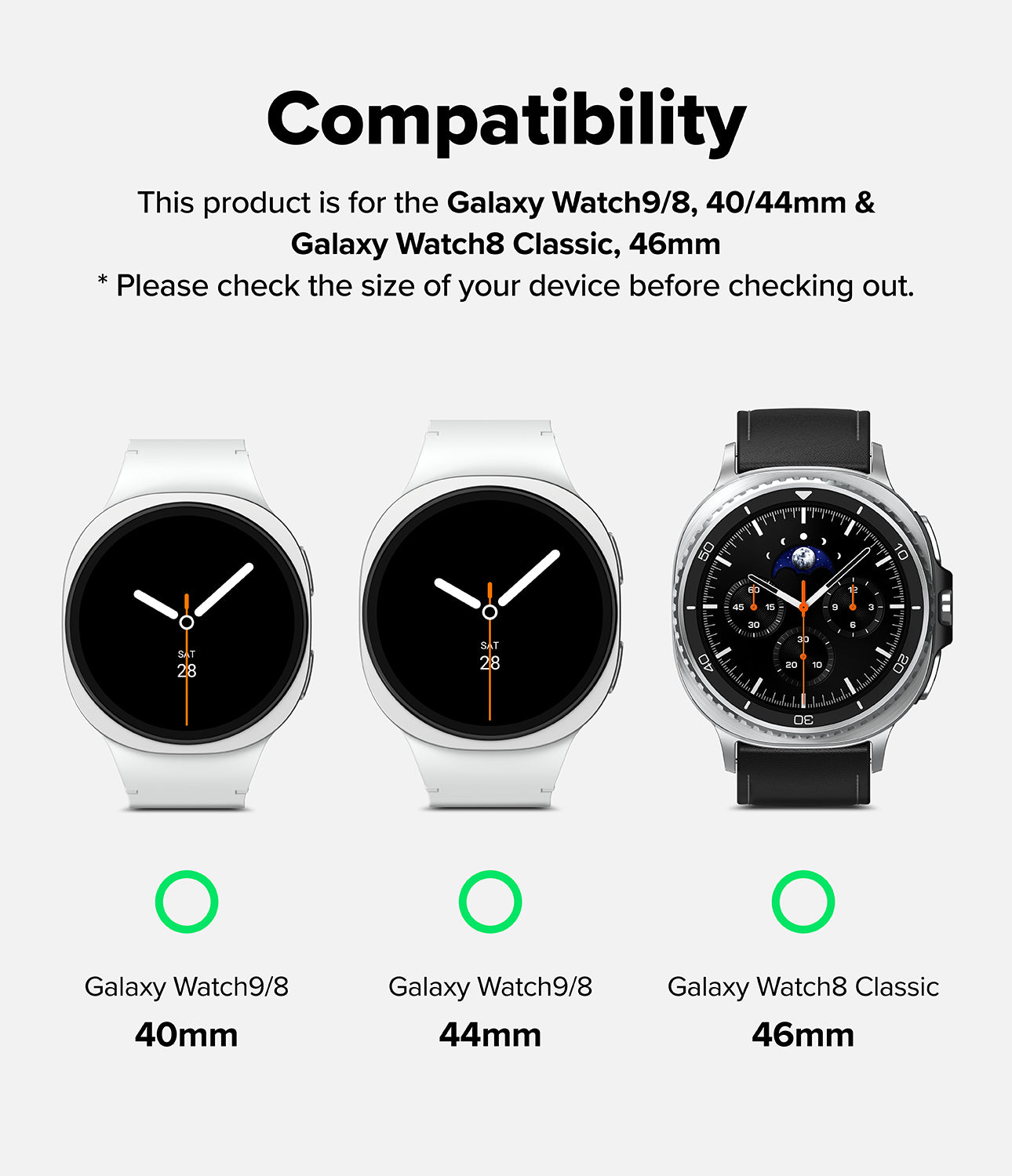 Galaxy Watch 9 / 8 | Metal One Air - Compatibility chart showing three smartwatch sizes: Galaxy Watch 9/8 40mm, Galaxy Watch 9/8 44mm, and Galaxy Watch Classic 46mm, with text stating the product is for these devices and a note to check device size before purchasing.