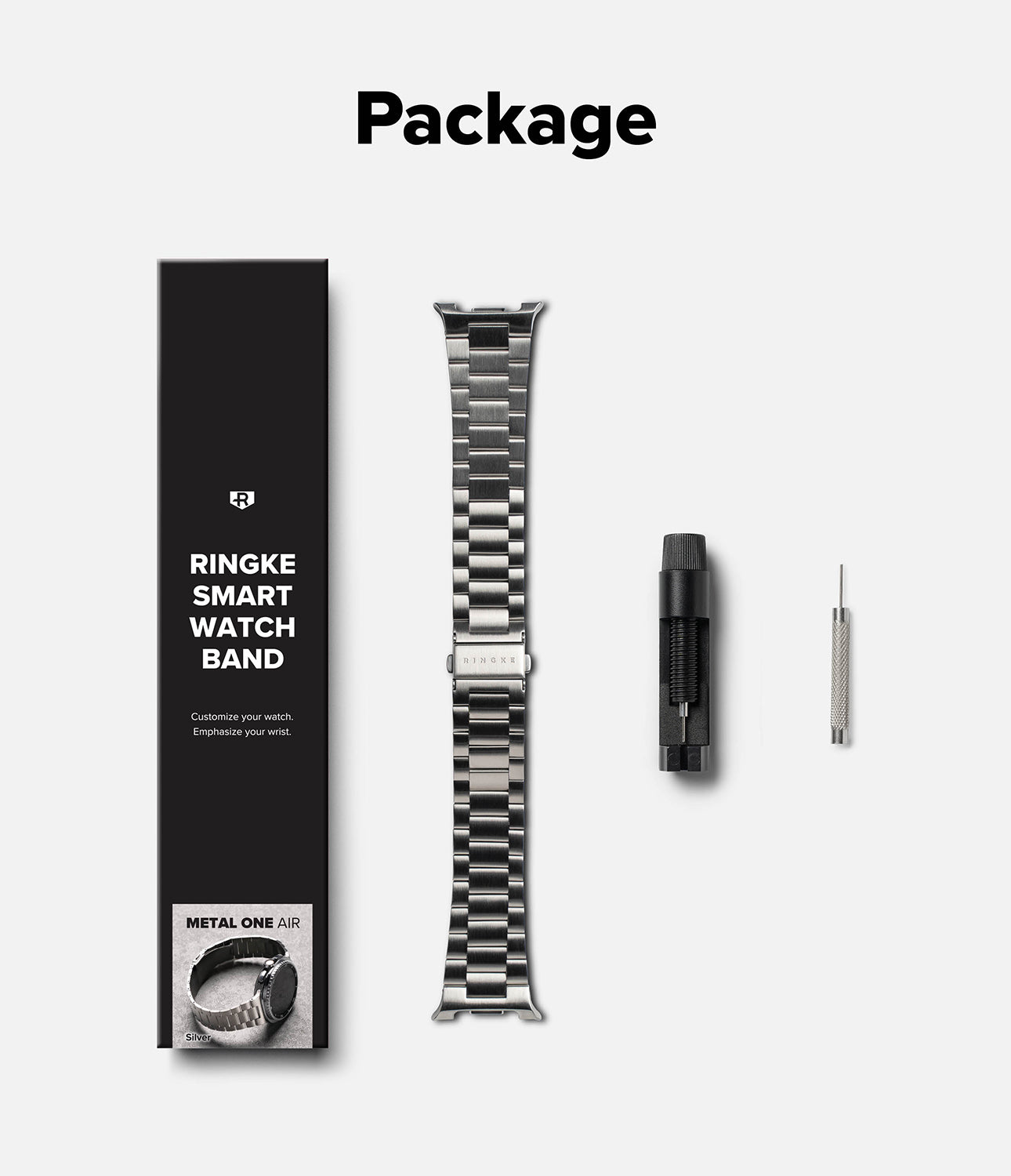 Galaxy Watch 9 / 8 | Metal One Air - Ringke Smart Watch Band package layout on a light gray background, featuring a black branded box, a silver metal link watch band, a black tool, and a small metal pin. The word 'Package' is printed at the top.