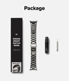 Galaxy Watch 9 / 8 | Metal One Air - Ringke Smart Watch Band package layout on a light gray background, featuring a black branded box, a silver metal link watch band, a black tool, and a small metal pin. The word 'Package' is printed at the top.