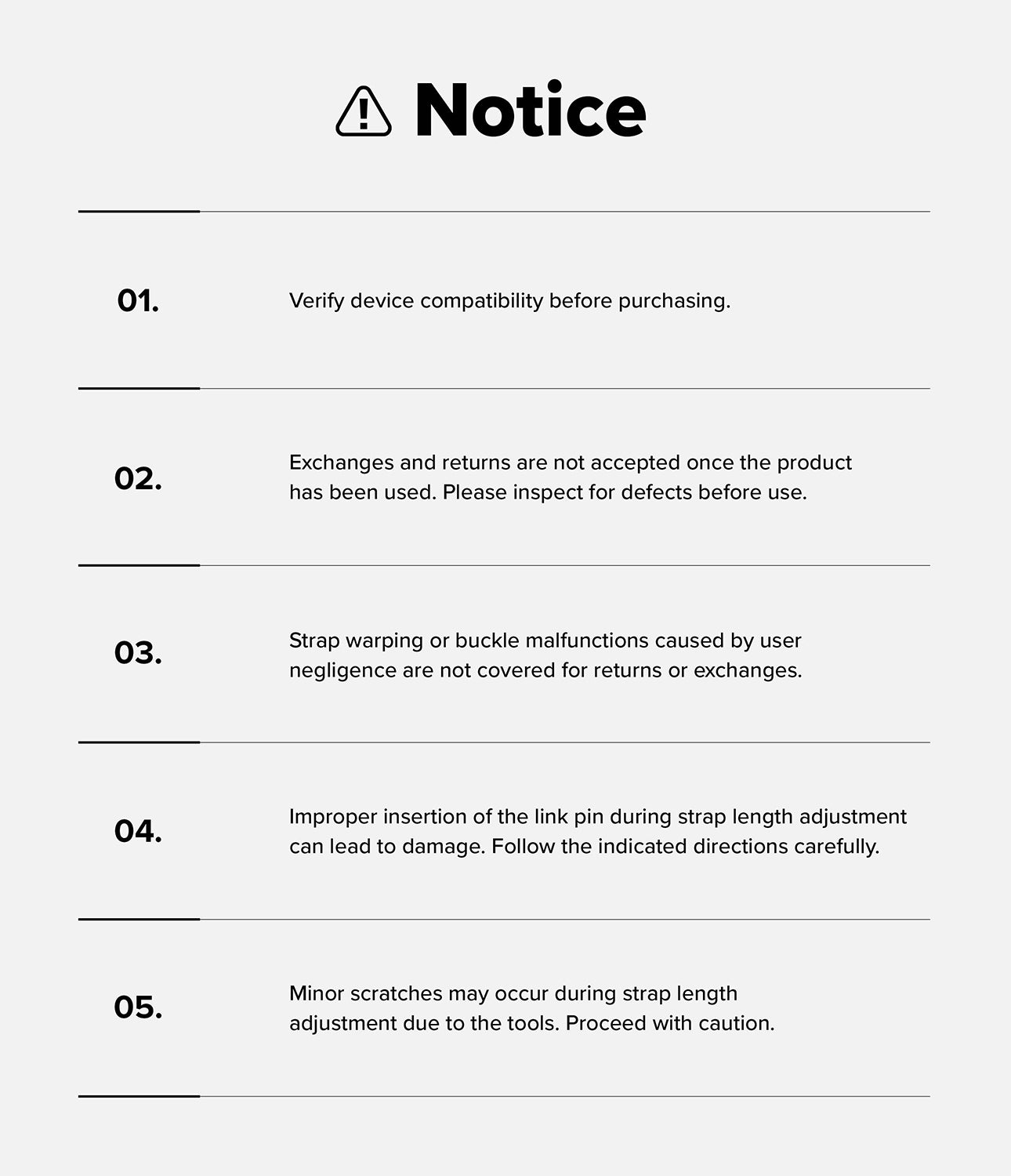 Galaxy Watch 9 / 8 | Metal One Air - A printed notice sheet with a warning icon and the heading 'Notice' on a light gray background, listing five numbered points in black text about product compatibility, return policy, strap malfunction coverage, insertion direction for the link pin, and minor scratches during strap length adjustment.