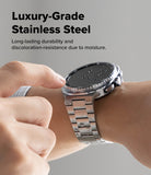 Galaxy Watch 9 / 8 | Metal One Air - A close-up of a stainless steel smartwatch on a person's wrist, with text at the top reading 'Luxury-Grade Stainless Steel' and a smaller description about durability and moisture resistance.