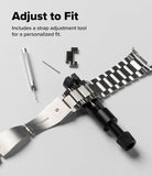 Galaxy Watch 9 / 8 | Metal One Air - Silver metal watch strap adjustment tool and accessories laid out on a light gray background with the text 'Adjust to Fit' and 'Includes a strap adjustment tool for a personalized fit.'.