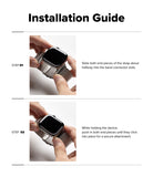 Apple Watch 49·46·45·44 mm | Metal One Mesh - An installation guide diagram showing two steps for attaching a silver mesh band to a smartwatch. The top panel has the heading 'Installation Guide' and the bottom panel shows two labeled steps with photos of hands holding the watch and sliding the strap into place.
