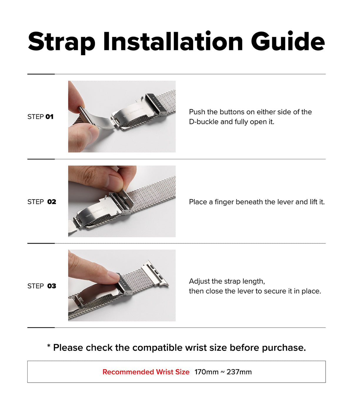 Apple Watch 49·46·45·44 mm | Metal One Mesh - A strap installation guide diagram with three labeled steps showing a hand adjusting a metal watch band clasp on a white background. Text reads 'Strap Installation Guide' and includes steps to open the D-buckle, place a finger beneath the lever, and adjust the strap length.